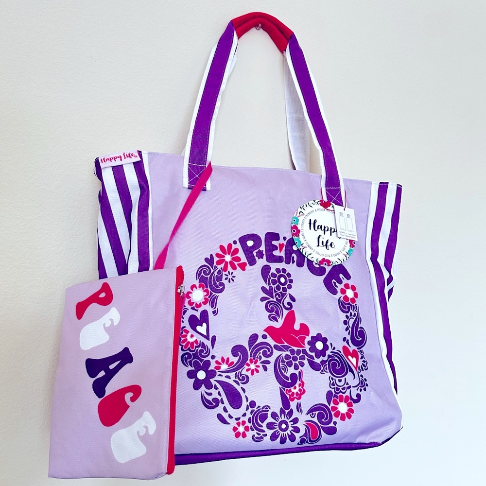 Happy Life Large Beach Tote Bag with a extra pouch and two travel size bottles